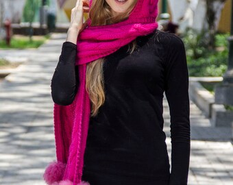 One Piece Hand Knitted Baby Alpaca Blend Hooded Hat  Scarf Women ~ Pink
