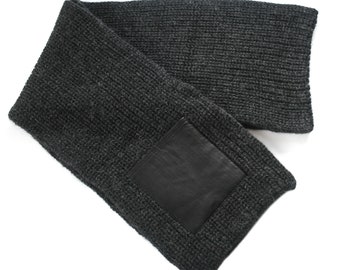 Bufanda de Punto 100% Alpaca con Bolsillo de Cuero para Mujer y Hombre - Gris Oscuro