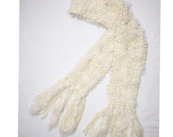 Hand Knit 100% Baby Alpaca Scarf w/Fur Applications - Wrap for Women~ Off-White