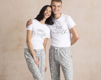 Personalised Mr & Mrs matching twinning couples pjs pyjamas wedding married christmas xmas set your name - grey stars