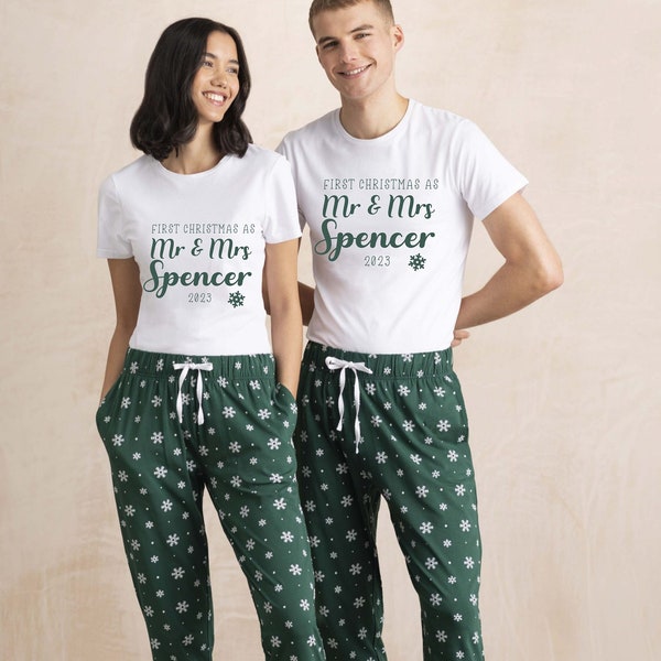 Personalised 1st first Christmas xmas as Mr & Mrs matching twinning couples pjs pyjamas wedding married set your name - green snowflakes