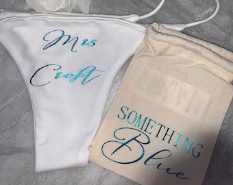 Personalised something blue bridal white lace underwear pants thong panties lingerie- mrs your name wedding - bride - married - gift bag set