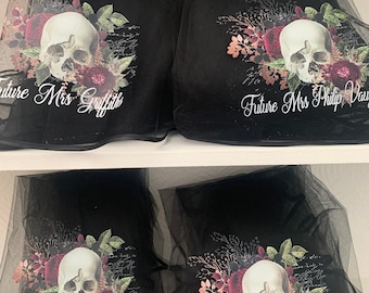 Personalised Future Mrs (Your Name) hen party BLACK veil - floral skull print alternative goth wedding rock gothic