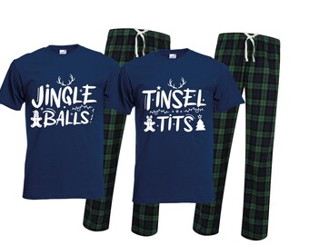Jingle Balls, Tinsel tits t*ts print pyjamas , pjs set of 2 - christmas xmas couple couples matching twinning joke rude pajamas