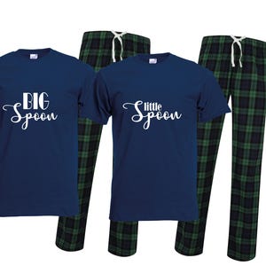 Big Spoon, Little Spoon Mr & Mrs matching twinning couples pjs pyjamas wedding married valentines funny novelty gift navy green tartan plaid