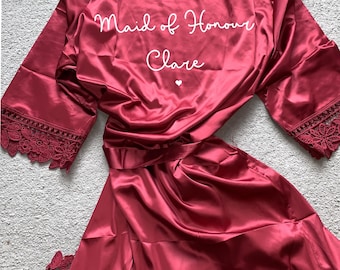 Personalised your name and role bride robe, bridal dressing gown, bridesmaid, maid of honour, wedding party - dark red