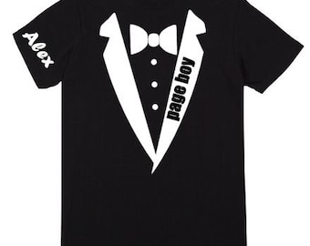 Personalised Page Boy pageboy wedding party kids black t-shirt tuxedo design tux bow tie