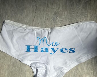 Personalised Mrs (your name) bridal underwear  back print boyshorts briefs pants - wedding, married, honeymoon, something blue glitter print