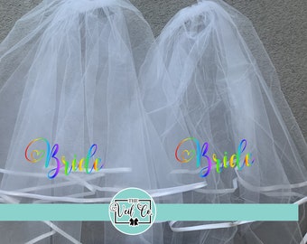 Set of 2 rainbow print Bride hen party veils - bride, bridal - heart print
