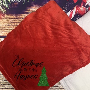 Personalised 1st Christmas as Mr & Mrs (your name) xmas tree design snuggle blanket - 2 colours - glitter design