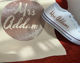 Personalised ladies BRIDE bridal party glitter/chrome print canvas wedding trainers shoes pumps Mrs Your Name style 21 colours available
