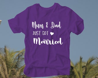 Mum & Dad just got married unisex  wedding party kids t-shirt - purple, parents wedding - DISOCUNTED SURPLUS STOCK - limited sizes remain