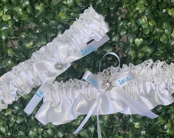 Personalised luxury 2 piece set bridal lace garter - your name - hen - wedding - bride - married - white