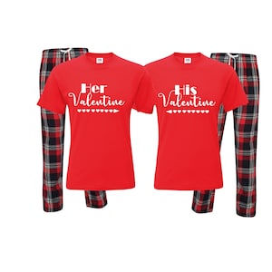 Her Valentine His Valentine Mr & Mrs matching twinning couples pjs pyjamas wedding married valentines novelty gift NAVY RED tartan plaid red