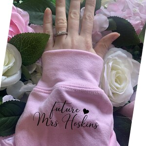 Personalised  future Mrs (Your Name) sleeve print hoody hoodie- pale pink - heart design - engagement announcement ring photoshoot