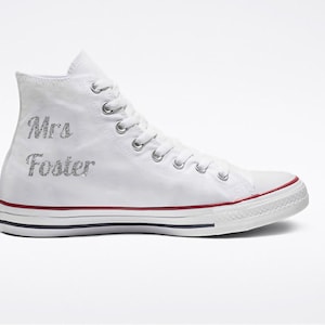 Personalised print ladies glitter print canvas wedding HIGH TOPS trainers shoes pumps Mrs (Your Name) - DISCOUNTED old stock sizes