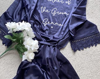 Personalised your name and role bride robe, bridal dressing gown, bridesmaid, maid of honour, wedding party - navy blue