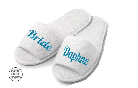 Personalised wedding bridal party open toe slippers GLITTER print your  name and role, bride bridesmaid maid of honour mother bride/groom