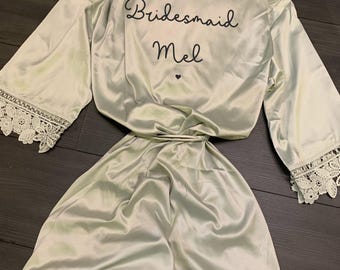 Personalised your name and role bride robe, bridal dressing gown, bridesmaid, maid of honour, wedding party - sage green