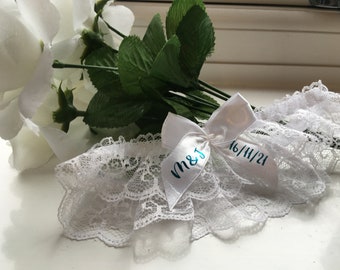 Personalised something blue bridal lace garter - your initials & wedding date