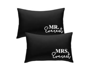 Personalised couple Mr Mrs/ Mr Mr/ Mrs Mrs your surname pillowcase pair - wedding engagement married anniversary - black