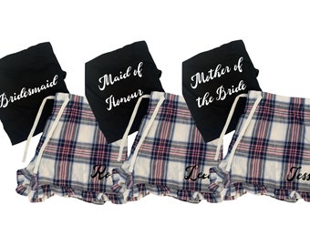 Personalsied your name & role bridal party custom pjs pyjamas lounge set night before wedding hen party bachelorette tartan plaid pink/white