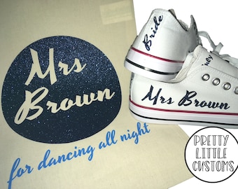 Customised ladies canvas wedding trainers sneakers shoes glitter print Mrs your name just married your date wedding colour print Bride