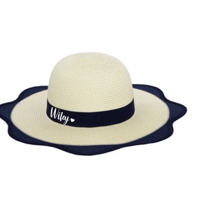 Wifey, heart print paper straw floppy beach sun hat honeymoon new Mrs - flower shape - blue/cream