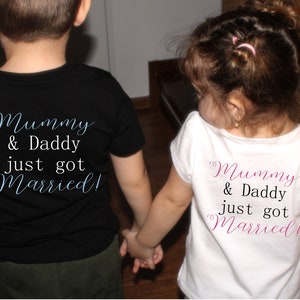 Mummy & Daddy just got married unisex  wedding party kids white  t-shirt back print design - black or white, parents wedding