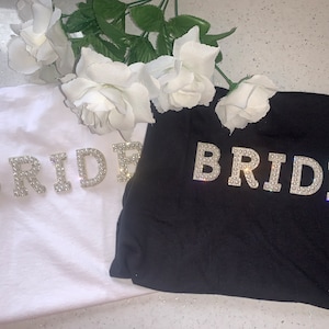 Wedding bridal ladies t-shirt tee top shirt with pearl sparkle bling bride patches - blakc or white