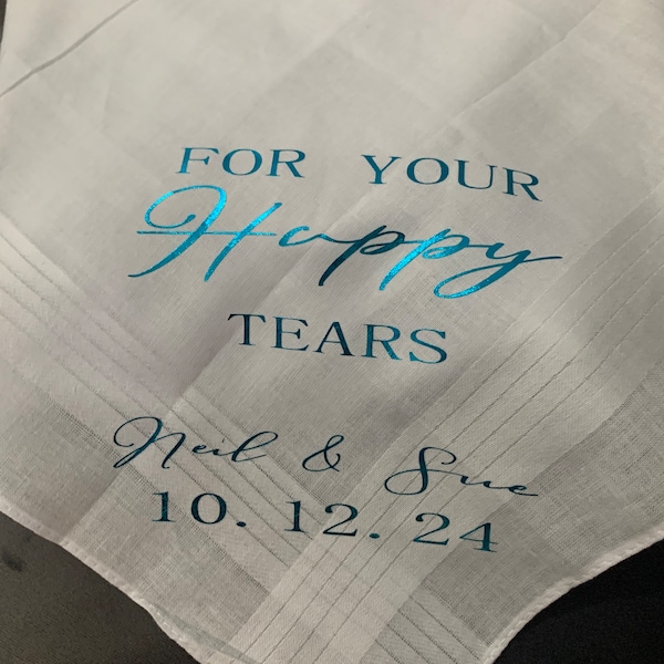 Personalised something blue bridal white hankie handkerchief - for your happy tears, your names and wedding date -  bride - married - gift