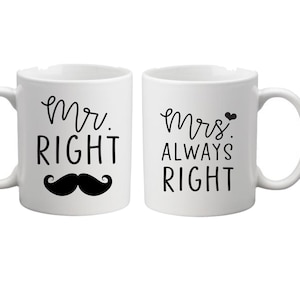 Mr Right, Mrs Always Right Druck Paar Tasse Geschenkset, Hochzeit, verlobt, verheiratet, Valentinstag - 2 Set