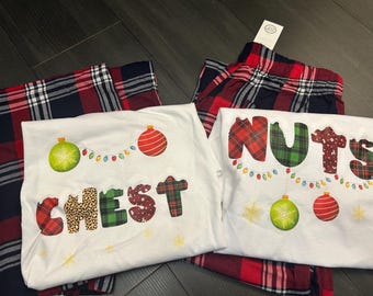 Chestnuts, chest and nuts print pyjamas , pjs set of 2 - christmas xmas couple couples matching twinning joke rude pajamas