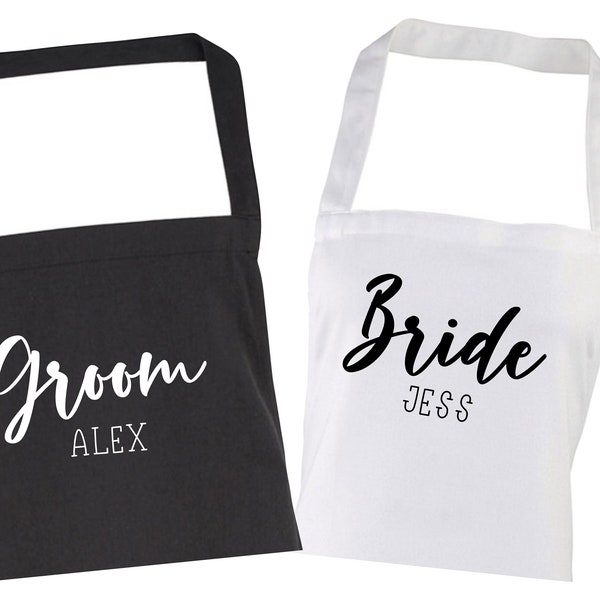 Personalised Wedding apron set -Bride & Groom (your names) funny joke bride meal coverup dress protector