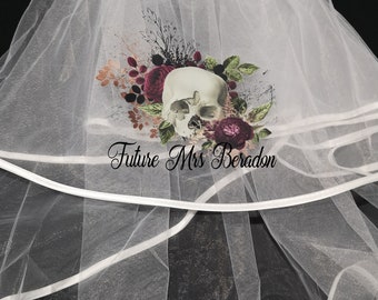 Personalised Future Mrs (Your Name) hen party veil - floral skull print alternative goth wedding rock gothic