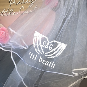 Personalised 'til death (bride and groom initials) print hen party veil - gothic skeleton heart hands print alternative goth wedding rock