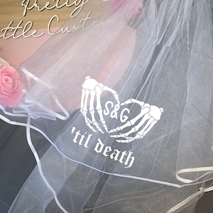 Personalised &#39;til death (bride and groom initials) print hen party veil - gothic skeleton heart hands print alternative goth wedding rock