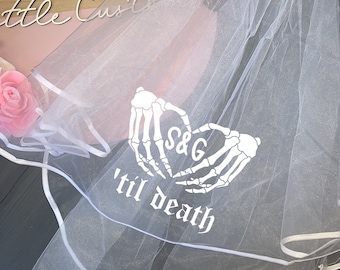 Personalised 'til death (bride and groom initials) print hen party veil - gothic skeleton heart hands print alternative goth wedding rock