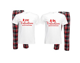 Her Valentine His Valentine Mr & Mrs matching twinning couples pjs pyjamas wedding married valentines novelty gift NAVY RED tartan plaid