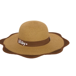 Wifey, heart print paper straw floppy beach sun hat honeymoon new Mrs - flower shape - brown/caramel