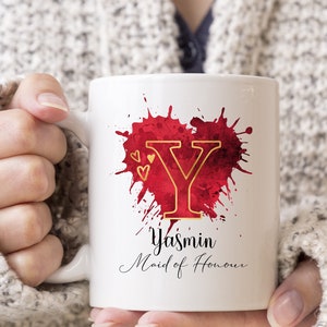 Personalised heart splash initial, name and  role print mug gift  wedding, engaged, married, bridal party gift thank you hen party proposal