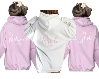 Personalised Bride Bridesmaid Team your name back  print ladies hoody hoodie wedding married bridal party role hen party bachelorette - pink