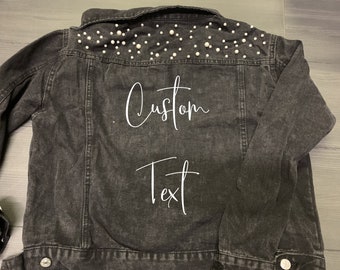 Personalised Custom text - your wording - print wedding bridal denim jacket with pearl detail and heart design - black denim