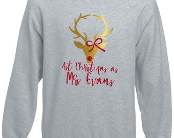 Personalised first 1st Christmas xmas as  Mrs (your name) reindeer glitter Bride sparkle print sweater sweatshirt jumper married jumper