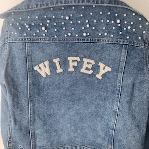 Personalised wedding bridal denim jacket with pearl detail and wifey patches