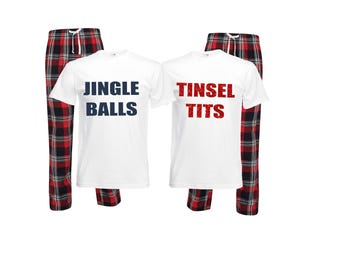 Jingle Balls, Tinsel tits t*ts print pyjamas , pjs set of 2 - christmas xmas couple couples matching twinning joke rude pajamas - glitter