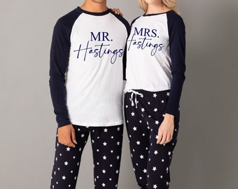 Personalised Mr & Mrs matching twinning couples pjs pyjamas wedding married christmas xmas set your name - navy stars, long sleeves