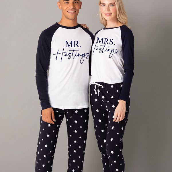 Personalised Mr & Mrs matching twinning couples pjs pyjamas wedding married christmas xmas set your name - navy stars, long sleeves