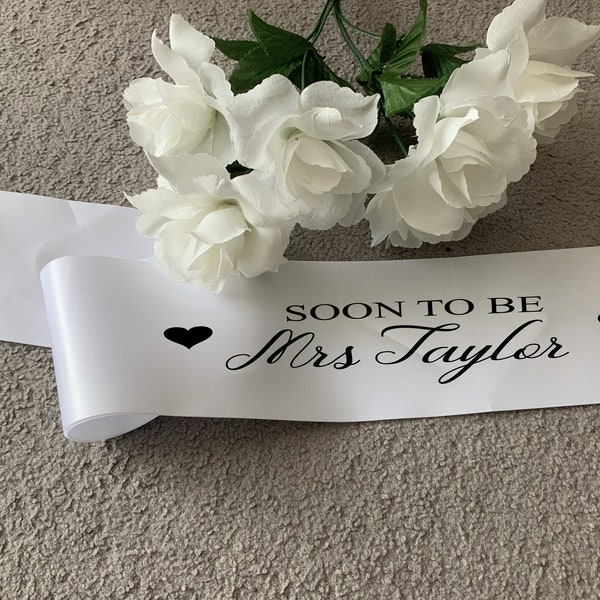 Personalised Soon to be Mrs (your name) hen party sash, bridal, wedding, bride - hearts font