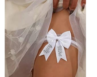 Personalised glitter bridal white bow garter - your names - hen - wedding - bride - married